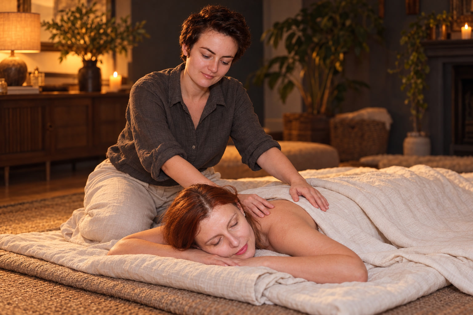 The practitioner providing attentive, fully draped bodywork on a comfortable floor futon